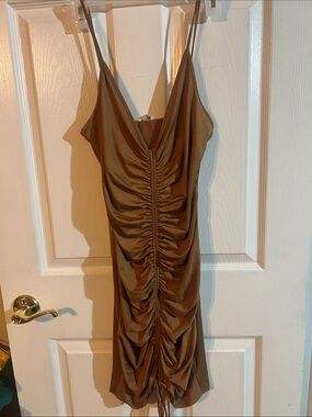 Ruched Spaghetti Strap Dress in Brown